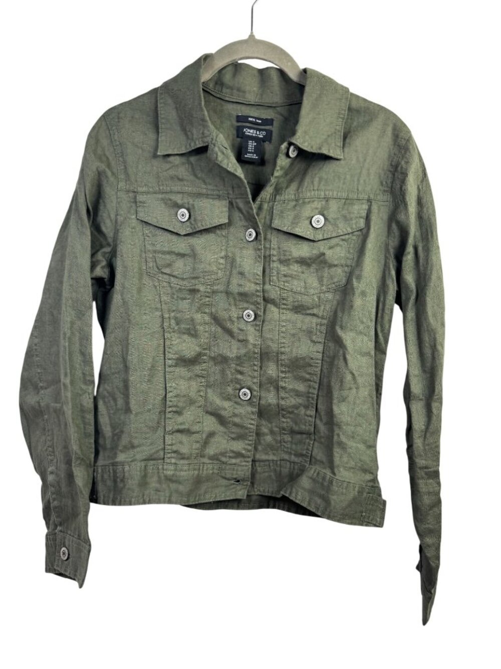 Jones & Co Womens Olive Green 100% Linen Button Up Jacket Size Small Military